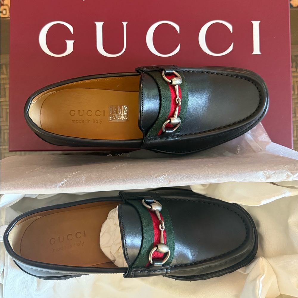 Gucci Horsebit Web Lug Sole Loafers – Black Leather, Size 6